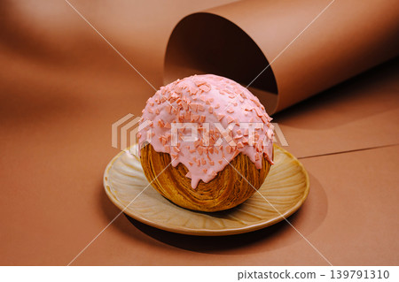 Dessert displays a round pastry topped with pink icing and candy bits on a plate Dessert displays a round pastry topped with pink icing and candy bits on a plate 139791310