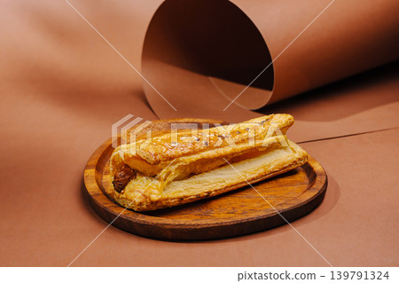 Freshly baked pastry placed on a wooden plate with a brown background Freshly baked pastry placed on a wooden plate with a brown background 139791324