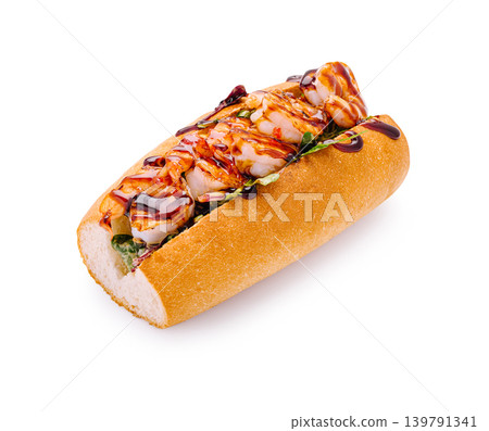 Shrimp sandwich served on a soft bread roll with sauce and vegetables Shrimp sandwich served on a soft bread roll with sauce and vegetables 139791341