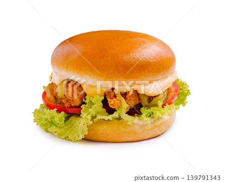 Crispy chicken sandwich with lettuce and tomato served on a soft bun Crispy chicken sandwich with lettuce and tomato served on a soft bun 139791343