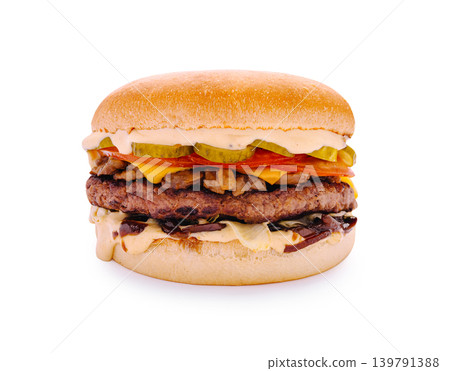 Juicy burger with cheese and toppings on a plain bun Juicy burger with cheese and toppings on a plain bun 139791388