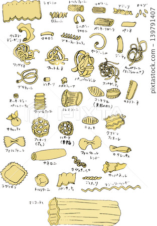 一組不同類型義大利麵的插圖 一組不同類型義大利麵的插圖 139791407