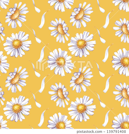 Seamless vertical pattern with hand-painted chamomile flowers and delicate white petals on a yellow background. Watercolor illustration is ideal for textile design, summer clothes, gift wrapping Seamless vertical pattern with hand-painted chamomile flowers and delicate white petals on a yellow background. Watercolor illustration is ideal for textile design, summer clothes, gift wrapping 139791408