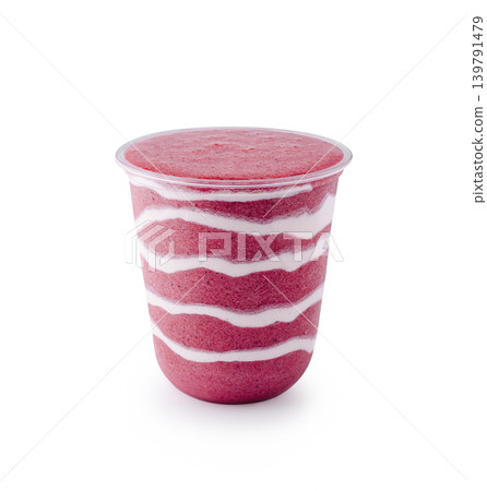 Berry smoothie served in a clear cup with white stripes on a plain background Berry smoothie served in a clear cup with white stripes on a plain background 139791479