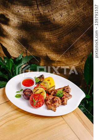 Grilled meat and vegetables served on a white plate at a restaurant setting Grilled meat and vegetables served on a white plate at a restaurant setting 139791537
