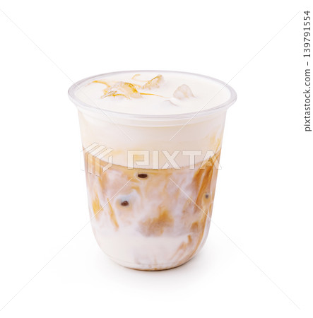 Iced coffee drink served in a clear cup on a white background Iced coffee drink served in a clear cup on a white background 139791554