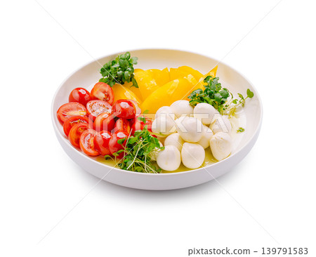 Fresh vegetables and cheese arranged on a white plate in a simple setting Fresh vegetables and cheese arranged on a white plate in a simple setting 139791583