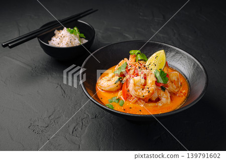 Shrimp dish with creamy sauce and rice served in a bowl at a restaurant Shrimp dish with creamy sauce and rice served in a bowl at a restaurant 139791602