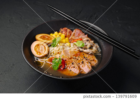Warm bowl of ramen with toppings served in black bowl on dark surface 139791609