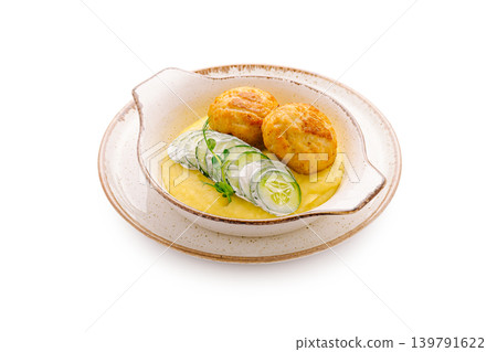 Dish with cutlets and cucumber slices served in a bowl on white background Dish with cutlets and cucumber slices served in a bowl on white background 139791622