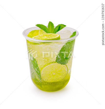 Fresh lime drink served with mint on a white background enjoying a hot day Fresh lime drink served with mint on a white background enjoying a hot day 139791637