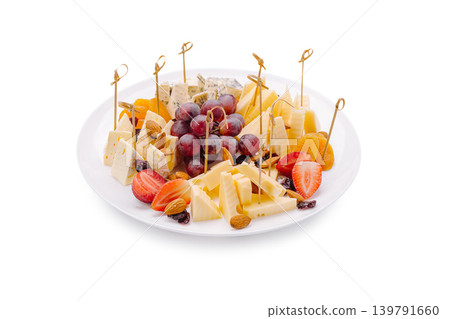 Cheese and fruit platter served on a white plate for a gathering Cheese and fruit platter served on a white plate for a gathering 139791660