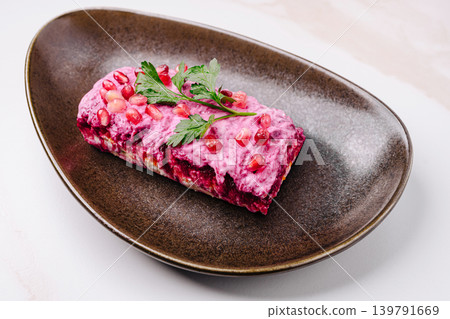 A beetroot salad placed on a brown plate A beetroot salad placed on a brown plate 139791669