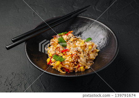 Colorful rice dish with vegetables and herbs served in a bowl Colorful rice dish with vegetables and herbs served in a bowl 139791674
