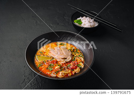 Delicious bowl of ramen soup with chicken and rice on dark table 139791675