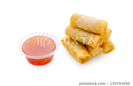 Spring rolls served with dipping sauce on a light background Spring rolls served with dipping sauce on a light background 139791698
