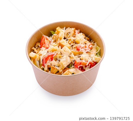 Healthy salad with chicken, tomatoes, and croutons in a bowl Healthy salad with chicken, tomatoes, and croutons in a bowl 139791725