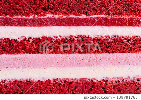 Layers of red velvet cake with cream filling displayed in close-up Layers of red velvet cake with cream filling displayed in close-up 139791763