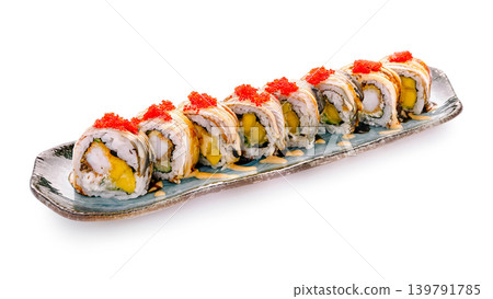 Delicious sushi rolls arranged on a platter with various toppings and fillings Delicious sushi rolls arranged on a platter with various toppings and fillings 139791785