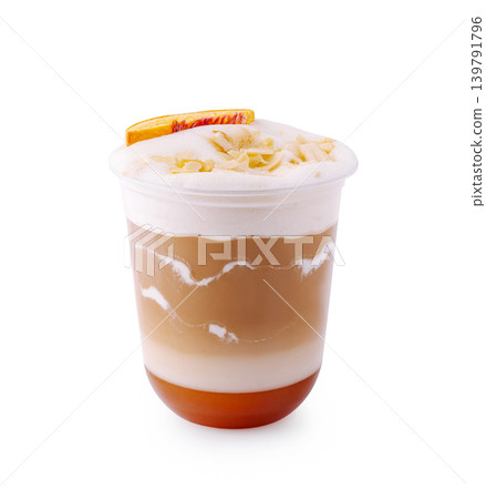 Coffee drink with layers and orange slice on top at a cafe Coffee drink with layers and orange slice on top at a cafe 139791796