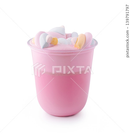 Sweet drink with marshmallows in a clear cup on a white background Sweet drink with marshmallows in a clear cup on a white background 139791797