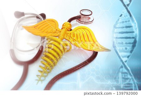 Stethoscope and medical symbol , caduceus with dna background 139792000