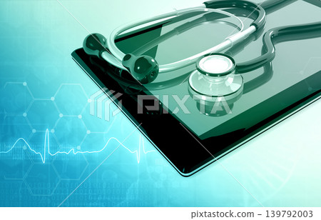 Tablet screen with stethoscope medical background Tablet screen with stethoscope medical background 139792003
