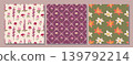 A set of three seamless botanical patterns in cream, plum, and green tones. Minimalist flat design with simple leaves and flowers. Perfect for elegant stationery, nature-inspired branding 139792214