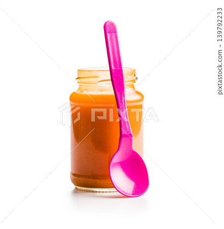 Baby Food Jar With Orange Puree And Pink Spoon Ready For Healthy Toddler Feeding Baby Food Jar With Orange Puree And Pink Spoon Ready For Healthy Toddler Feeding 139792233