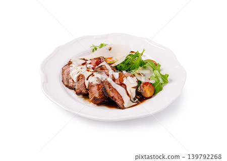 Grilled beef slices served with sauce on a white plate Grilled beef slices served with sauce on a white plate 139792268