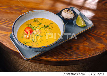Delicious seafood soup served with rice and lime in a cozy restaurant setting Delicious seafood soup served with rice and lime in a cozy restaurant setting 139792291
