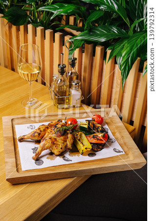 Grilled chicken served with vegetables and wine in a restaurant setting Grilled chicken served with vegetables and wine in a restaurant setting 139792314