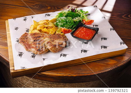 Grilled meat served with salad and fries on a wooden board at a restaurant Grilled meat served with salad and fries on a wooden board at a restaurant 139792321