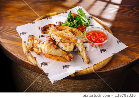 Grilled chicken served with salad and sauce in a restaurant setting Grilled chicken served with salad and sauce in a restaurant setting 139792326