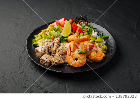 Shrimp and tofu dish with vegetables served on a black plate Shrimp and tofu dish with vegetables served on a black plate 139792328