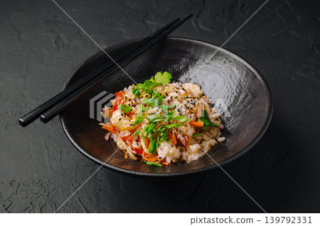 Fried rice with vegetables and herbs on a black plate with chopsticks Fried rice with vegetables and herbs on a black plate with chopsticks 139792331