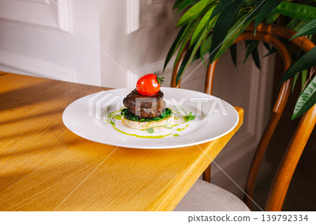 Beef tenderloin steak on crouton with cherry tomato served on white plate with fresh ingredients at restaurant 139792334