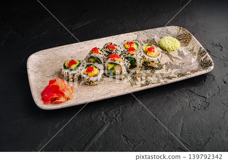Sushi rolls served on a plate with wasabi and ginger 139792342