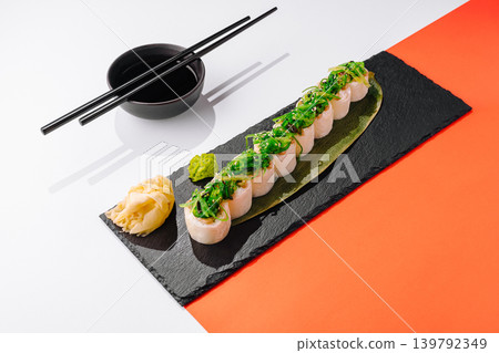 Sushi rolls with chuka wakame salad topping on slate 139792349