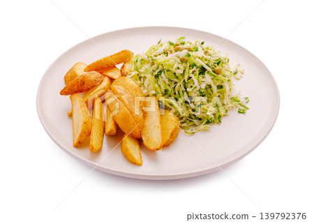 Freshly prepared potato wedges served with chopped cabbage salad Freshly prepared potato wedges served with chopped cabbage salad 139792376