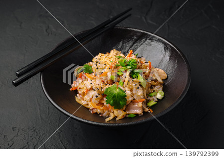 Delicious stir-fried noodles in a bowl with fresh ingredients on a black table Delicious stir-fried noodles in a bowl with fresh ingredients on a black table 139792399