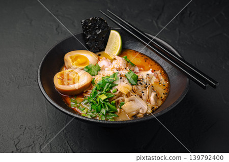 A bowl of ramen sits on a dark table 139792400