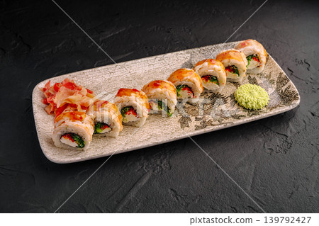 Gourmet shrimp sushi rolls with sweet chili sauce Gourmet shrimp sushi rolls with sweet chili sauce 139792427