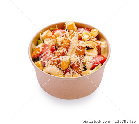 Chicken salad with croutons and cheese served in a brown bowl Chicken salad with croutons and cheese served in a brown bowl 139792459