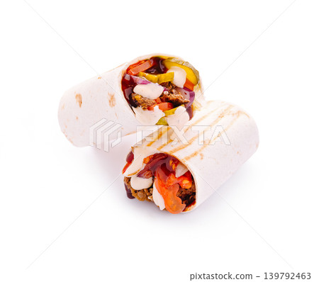Grilled beef shawarma wrap cut in half Grilled beef shawarma wrap cut in half 139792463