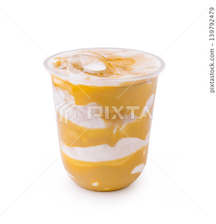 Cold coffee drink with cream served in a clear cup at a cafe 139792479