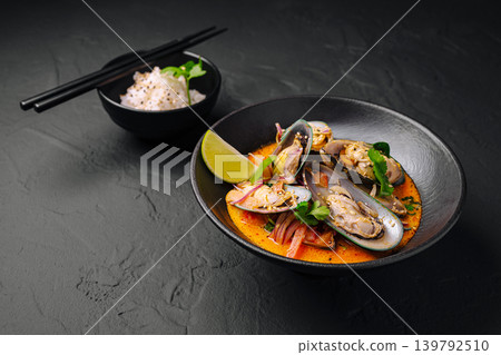 Seafood dish with shells served with rice and lime in a bowl 139792510