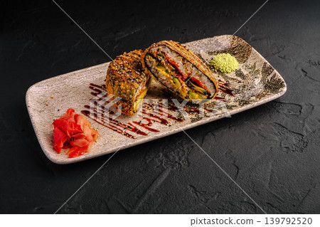 Deep fried sushi burger with salmon ginger and wasabi 139792520
