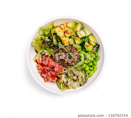 Tuna poke bowl with quinoa avocado and edamame Tuna poke bowl with quinoa avocado and edamame 139792554
