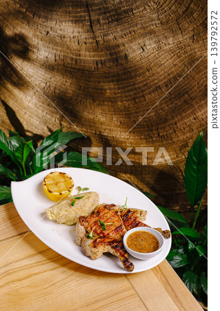 Grilled chicken dish served with sauce and lemon on a wooden table Grilled chicken dish served with sauce and lemon on a wooden table 139792572